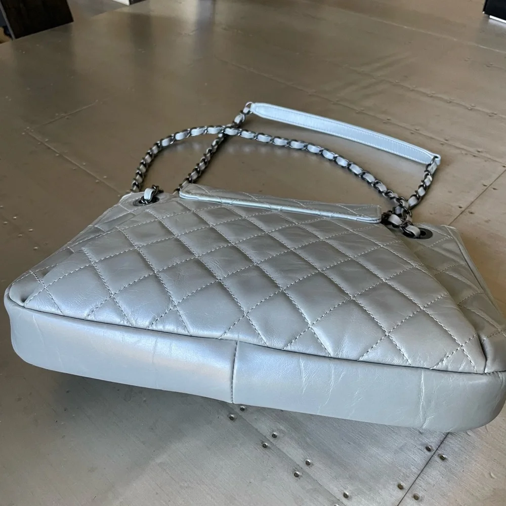 Chanel accordion bag gray light blue calfskin shoulder bag purse grey